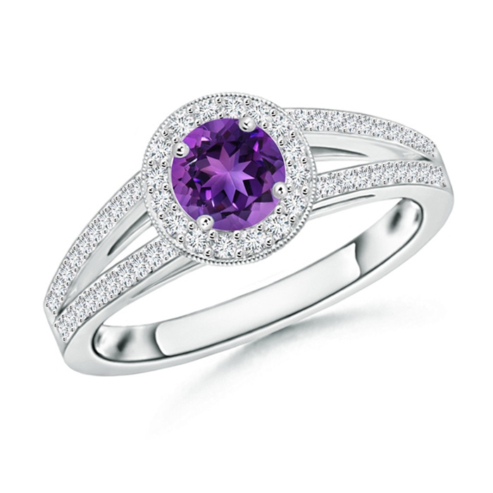 5mm AAAA Round Amethyst Split Shank Ring with Diamond Halo in P950 Platinum