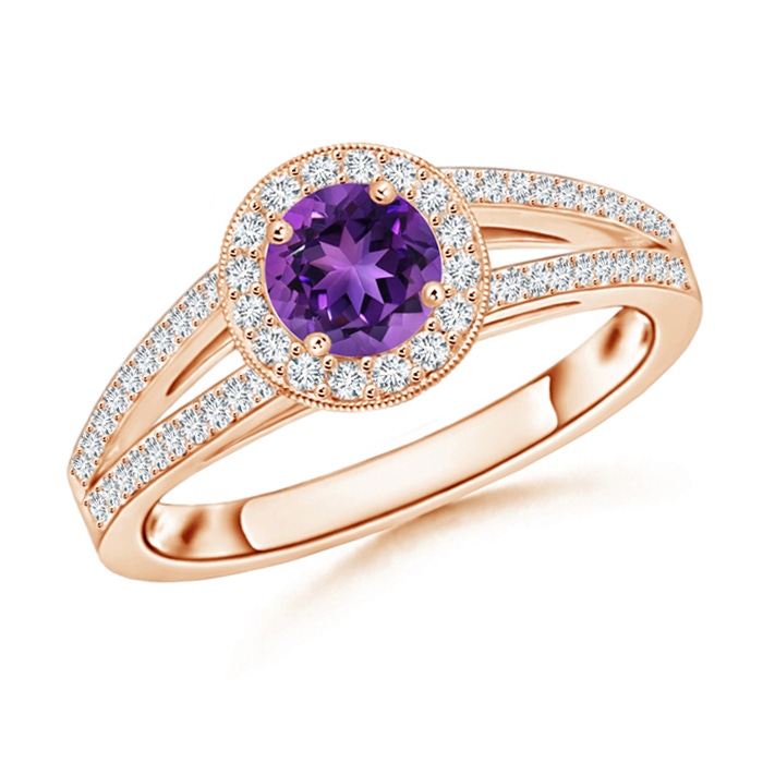 5mm AAAA Round Amethyst Split Shank Ring with Diamond Halo in Rose Gold