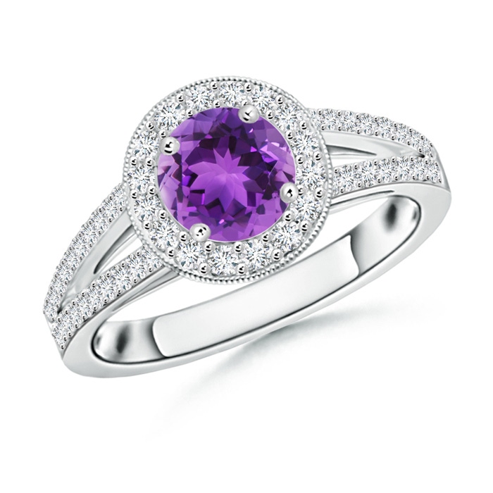 6mm AAA Round Amethyst Split Shank Ring with Diamond Halo in White Gold