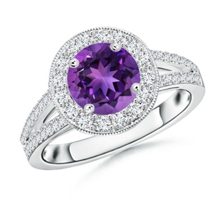 7mm AAAA Round Amethyst Split Shank Ring with Diamond Halo in White Gold