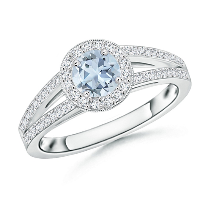 5mm A Round Aquamarine Split Shank Ring with Diamond Halo in P950 Platinum 