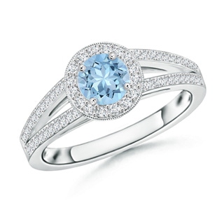 5mm AAA Round Aquamarine Split Shank Ring with Diamond Halo in White Gold