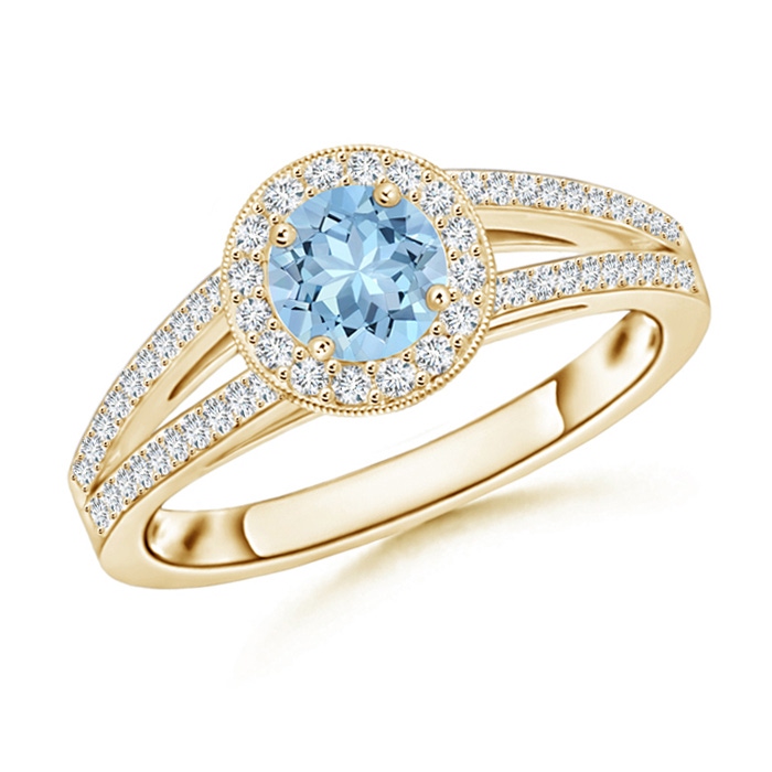 5mm AAA Round Aquamarine Split Shank Ring with Diamond Halo in Yellow Gold 