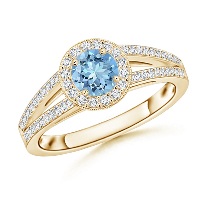 5mm AAAA Round Aquamarine Split Shank Ring with Diamond Halo in Yellow Gold 