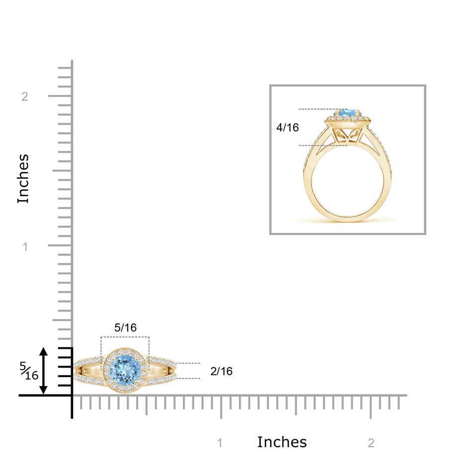 5mm AAAA Round Aquamarine Split Shank Ring with Diamond Halo in Yellow Gold ruler