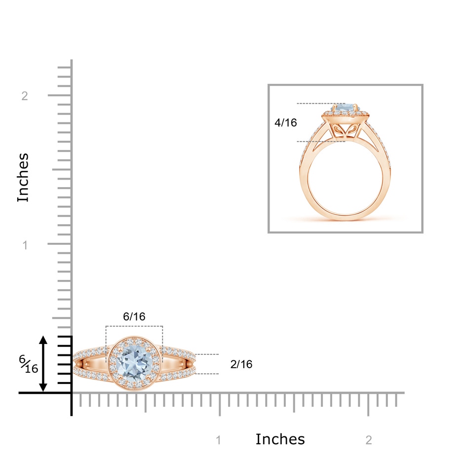 6mm A Round Aquamarine Split Shank Ring with Diamond Halo in Rose Gold ruler