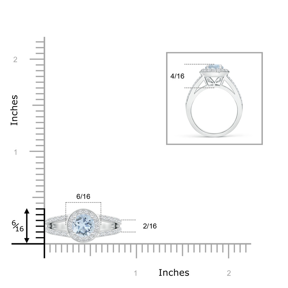 6mm A Round Aquamarine Split Shank Ring with Diamond Halo in White Gold ruler
