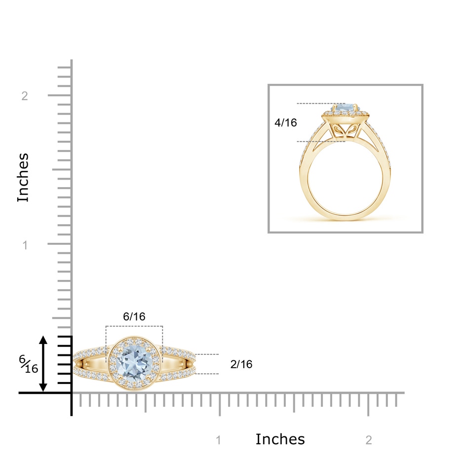 6mm A Round Aquamarine Split Shank Ring with Diamond Halo in Yellow Gold ruler