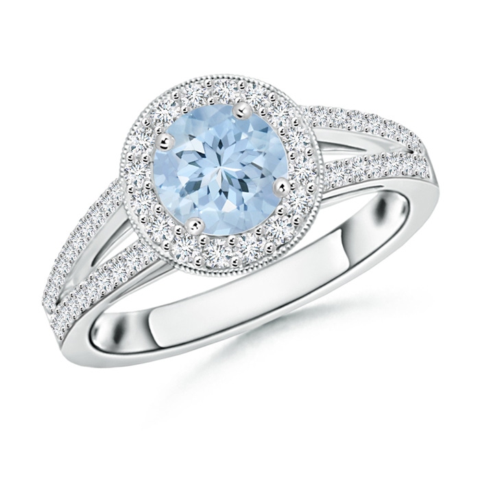 6mm AA Round Aquamarine Split Shank Ring with Diamond Halo in White Gold 