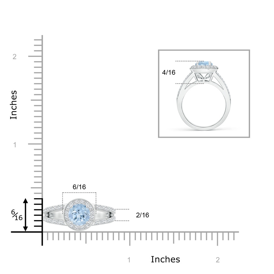 6mm AA Round Aquamarine Split Shank Ring with Diamond Halo in White Gold ruler