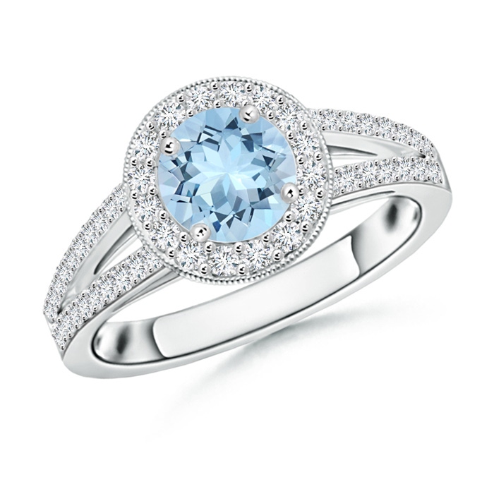 6mm AAA Round Aquamarine Split Shank Ring with Diamond Halo in White Gold 