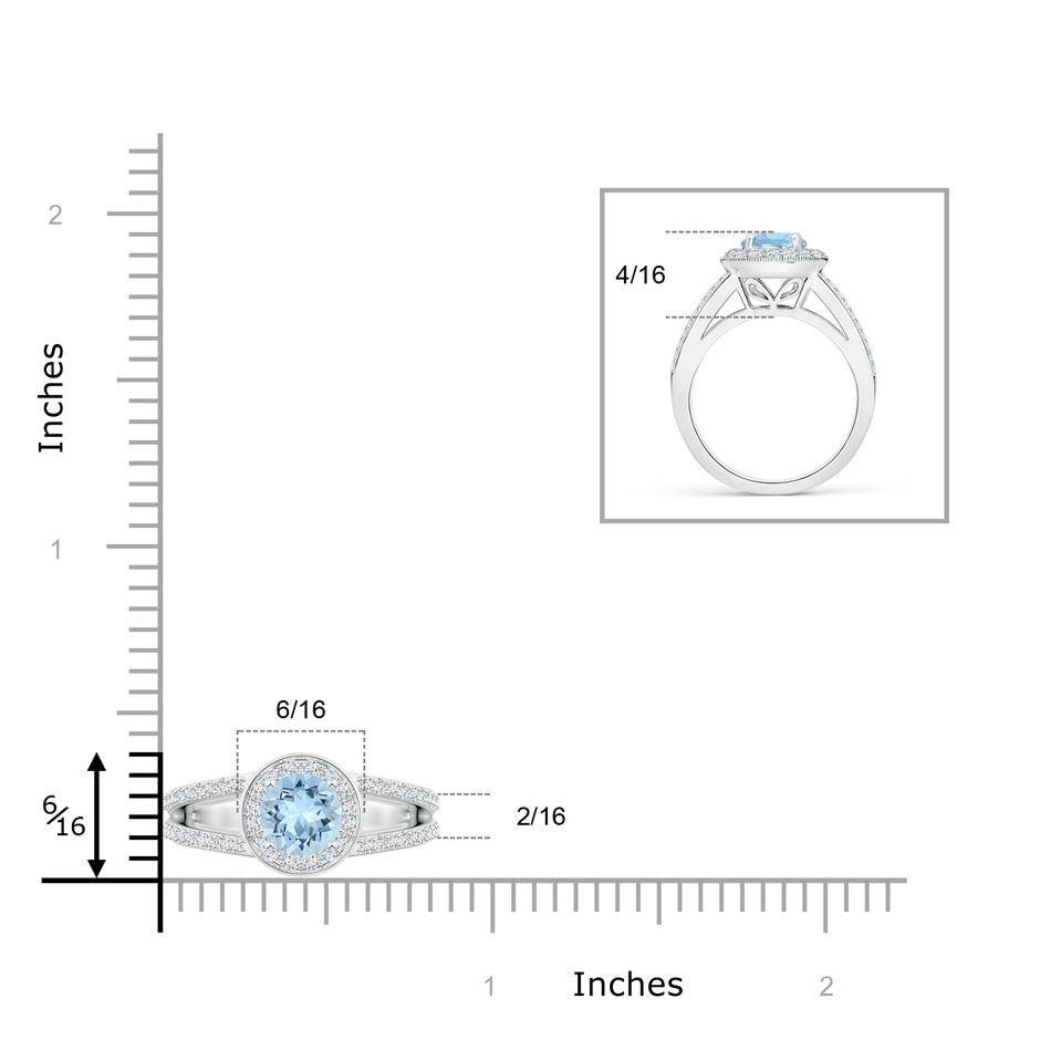 6mm AAA Round Aquamarine Split Shank Ring with Diamond Halo in White Gold ruler