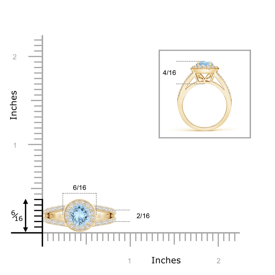 6mm AAA Round Aquamarine Split Shank Ring with Diamond Halo in Yellow Gold ruler