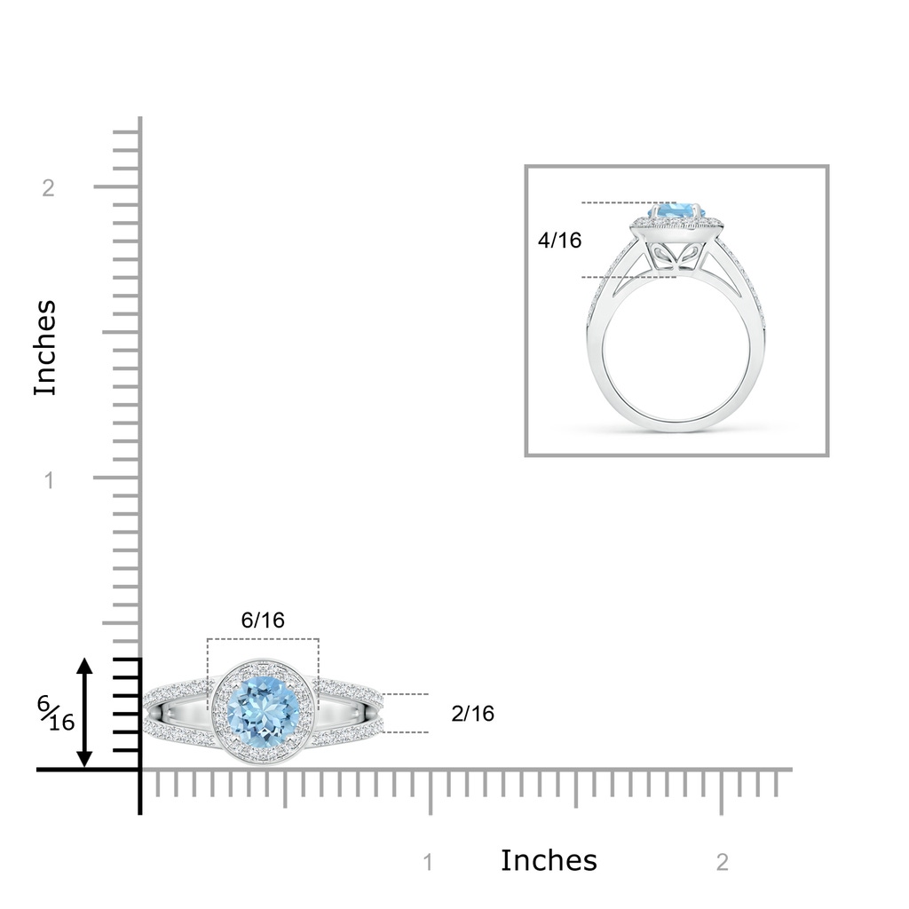 6mm AAAA Round Aquamarine Split Shank Ring with Diamond Halo in P950 Platinum ruler