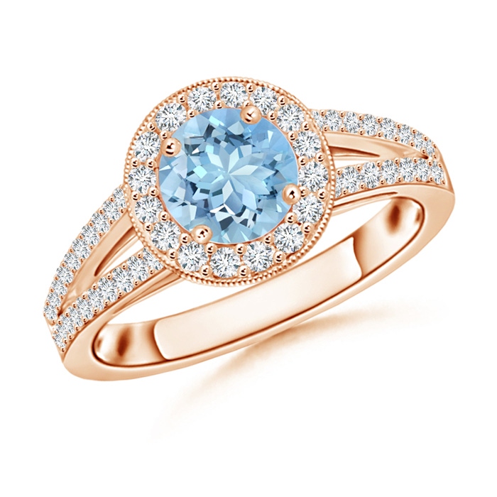 6mm AAAA Round Aquamarine Split Shank Ring with Diamond Halo in Rose Gold 