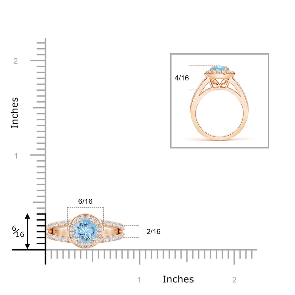 6mm AAAA Round Aquamarine Split Shank Ring with Diamond Halo in Rose Gold ruler