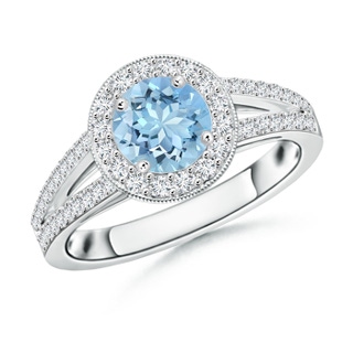 6mm AAAA Round Aquamarine Split Shank Ring with Diamond Halo in White Gold