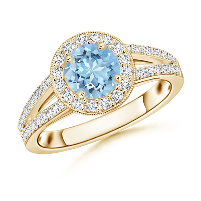 6mm AAAA Round Aquamarine Split Shank Ring with Diamond Halo in Yellow Gold 