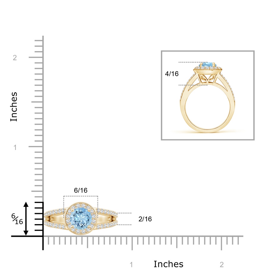 6mm AAAA Round Aquamarine Split Shank Ring with Diamond Halo in Yellow Gold ruler