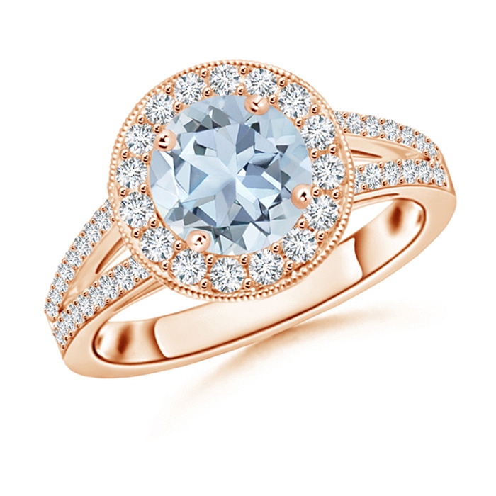 7mm A Round Aquamarine Split Shank Ring with Diamond Halo in Rose Gold 