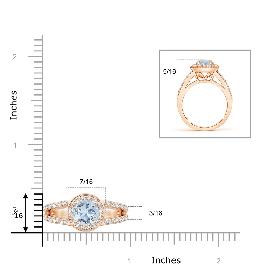7mm A Round Aquamarine Split Shank Ring with Diamond Halo in Rose Gold ruler
