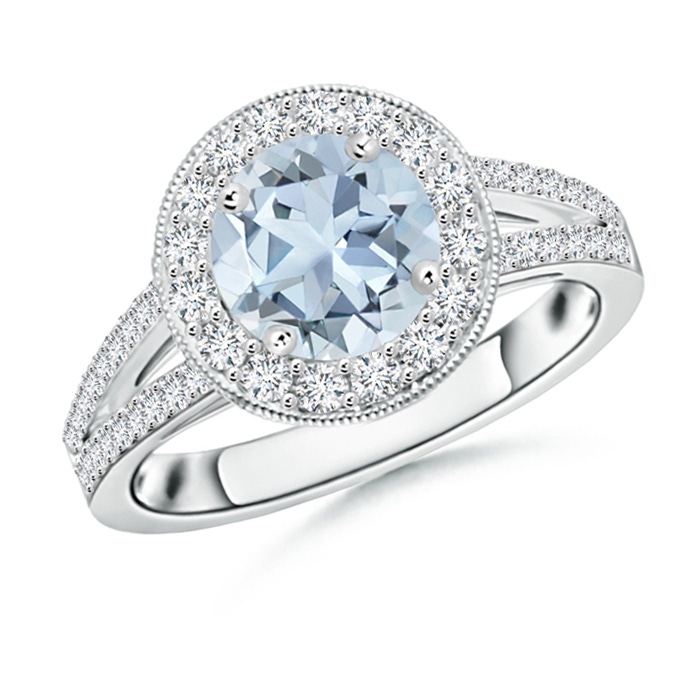 7mm A Round Aquamarine Split Shank Ring with Diamond Halo in White Gold 
