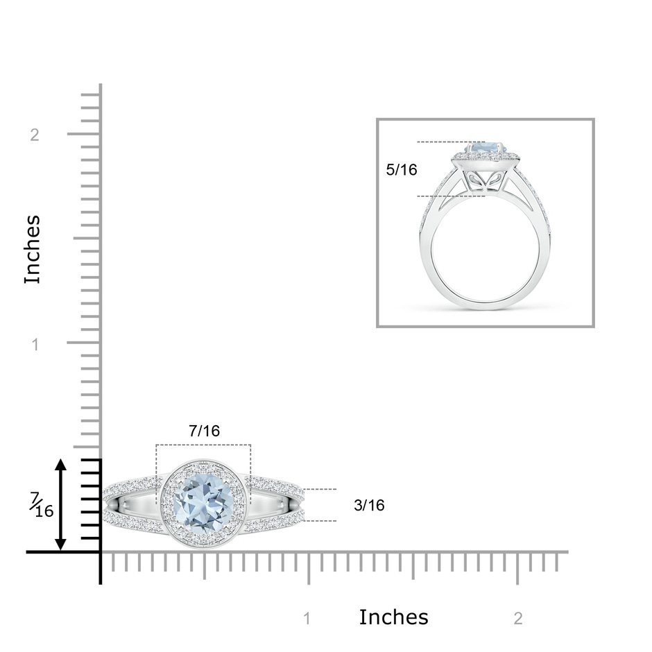 7mm A Round Aquamarine Split Shank Ring with Diamond Halo in White Gold ruler
