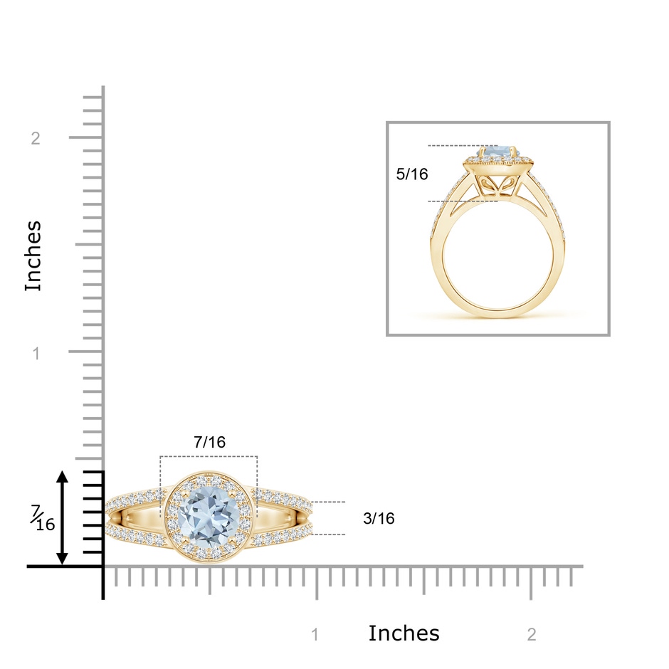 7mm A Round Aquamarine Split Shank Ring with Diamond Halo in Yellow Gold ruler