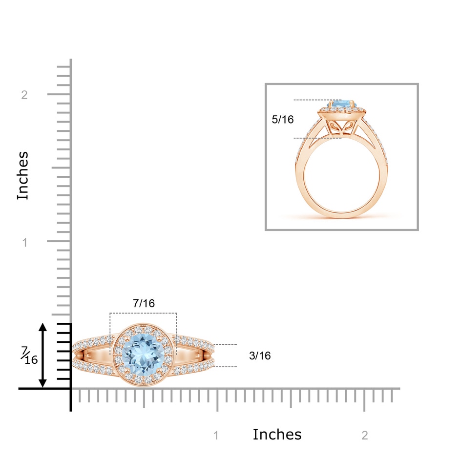 7mm AAA Round Aquamarine Split Shank Ring with Diamond Halo in Rose Gold ruler