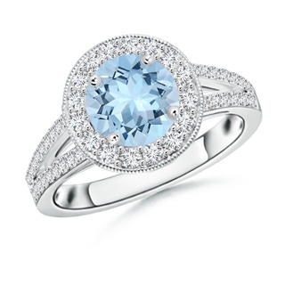7mm AAA Round Aquamarine Split Shank Ring with Diamond Halo in White Gold