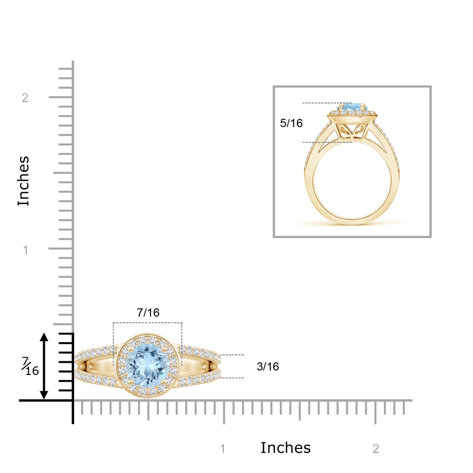 7mm AAA Round Aquamarine Split Shank Ring with Diamond Halo in Yellow Gold ruler