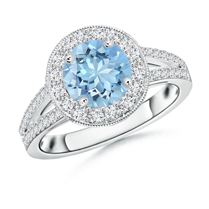 7mm AAAA Round Aquamarine Split Shank Ring with Diamond Halo in P950 Platinum 