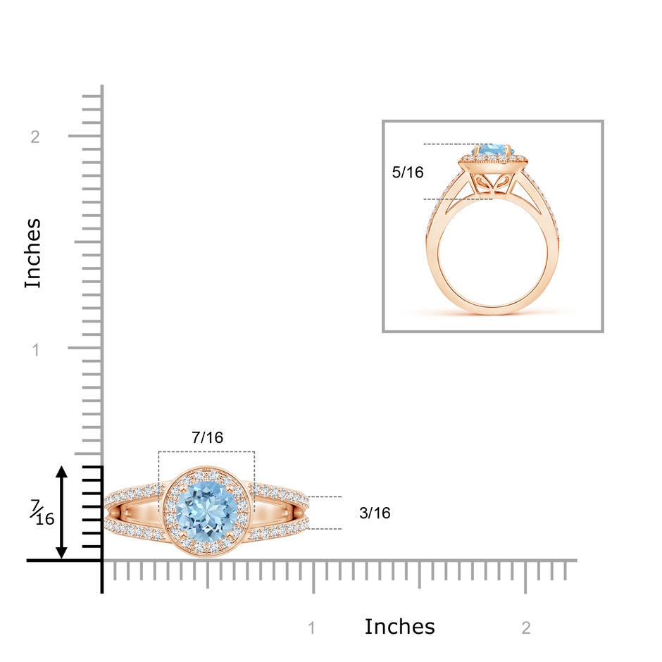 7mm AAAA Round Aquamarine Split Shank Ring with Diamond Halo in Rose Gold ruler