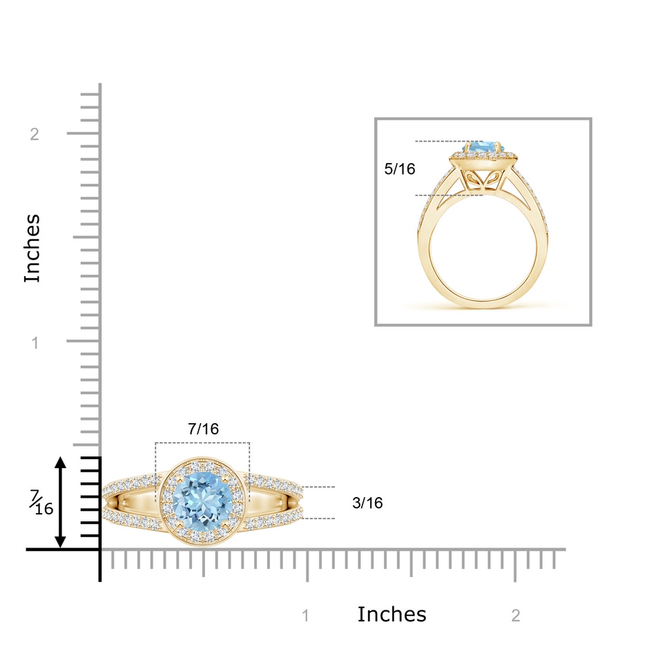 7mm AAAA Round Aquamarine Split Shank Ring with Diamond Halo in Yellow Gold ruler