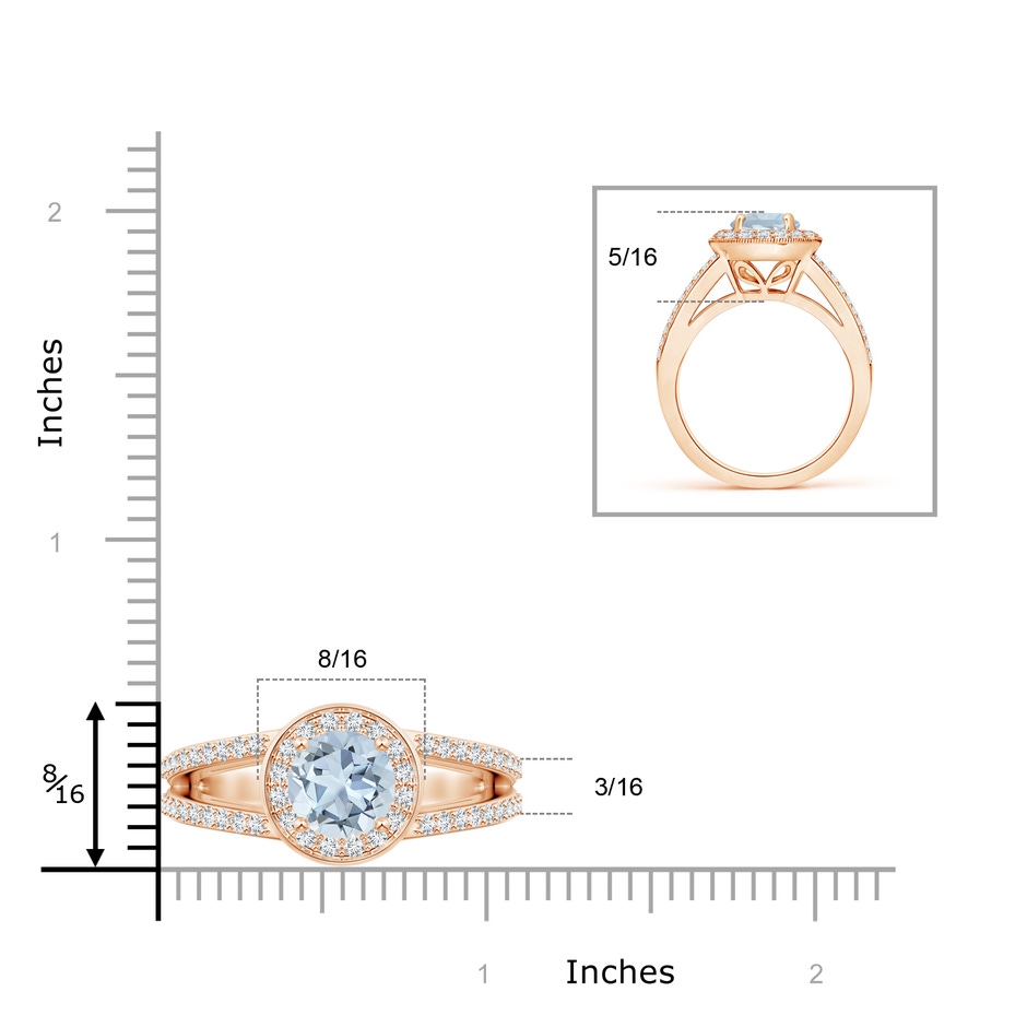 8mm A Round Aquamarine Split Shank Ring with Diamond Halo in Rose Gold ruler