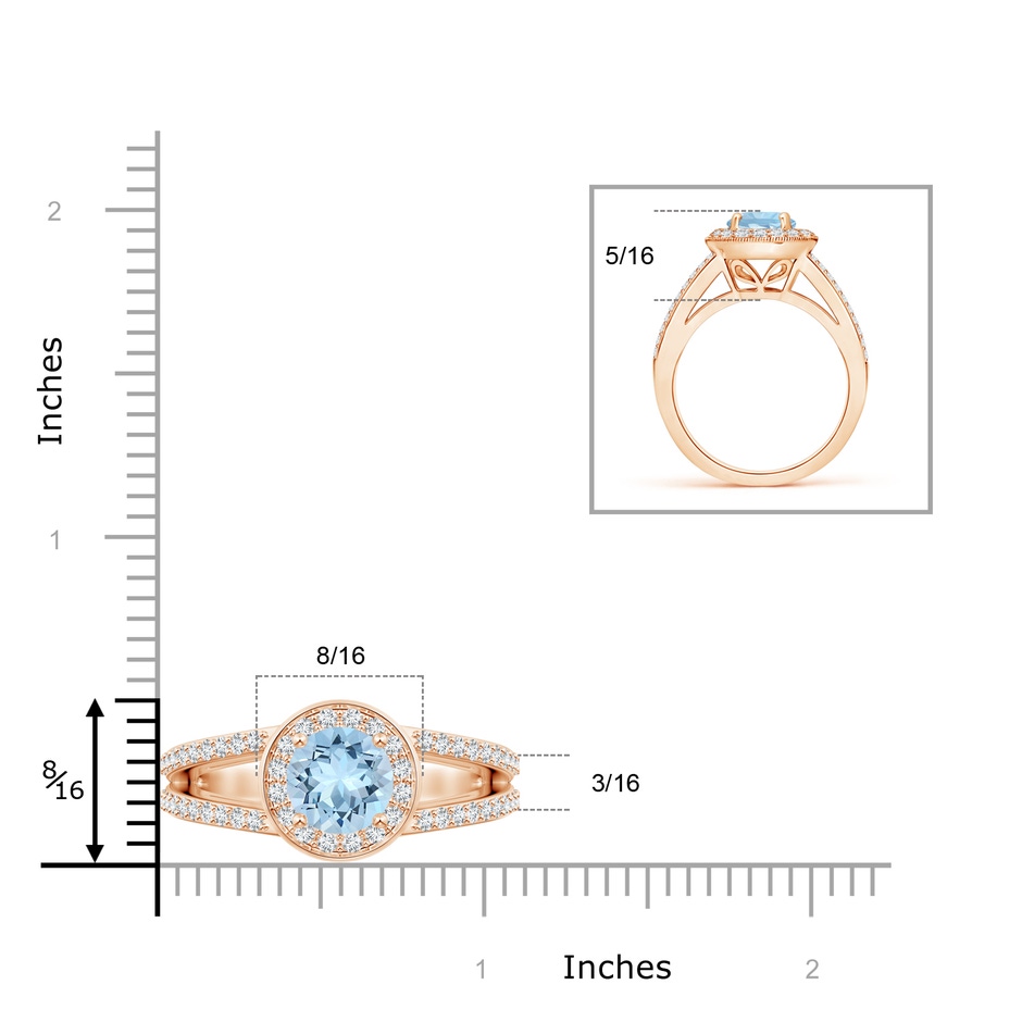 8mm AAA Round Aquamarine Split Shank Ring with Diamond Halo in Rose Gold ruler