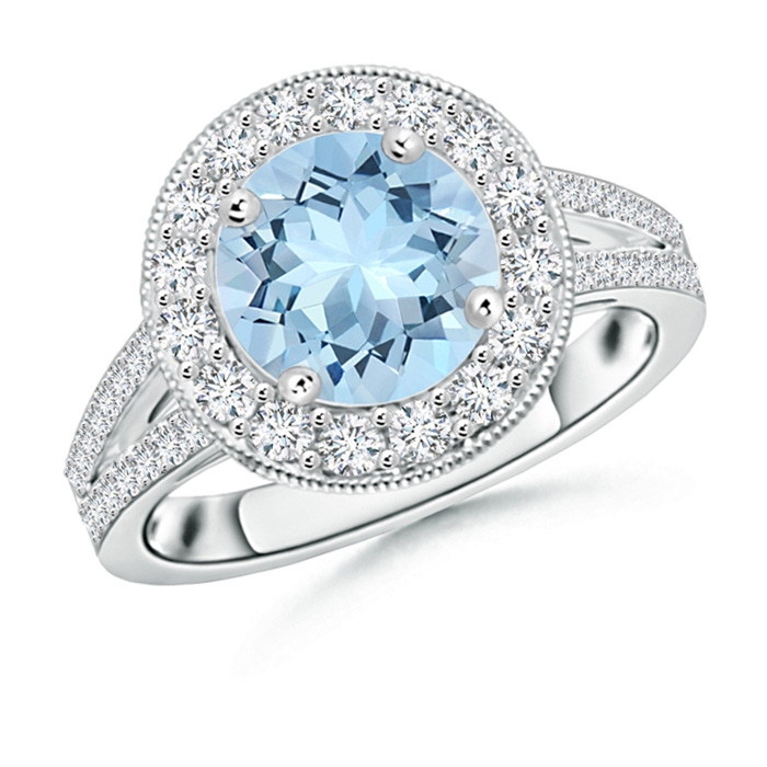 8mm AAA Round Aquamarine Split Shank Ring with Diamond Halo in White Gold
