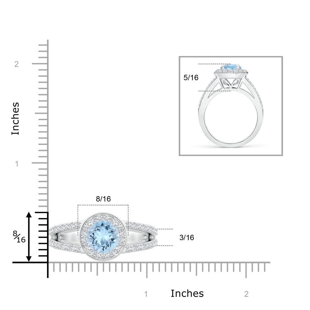 8mm AAA Round Aquamarine Split Shank Ring with Diamond Halo in White Gold ruler