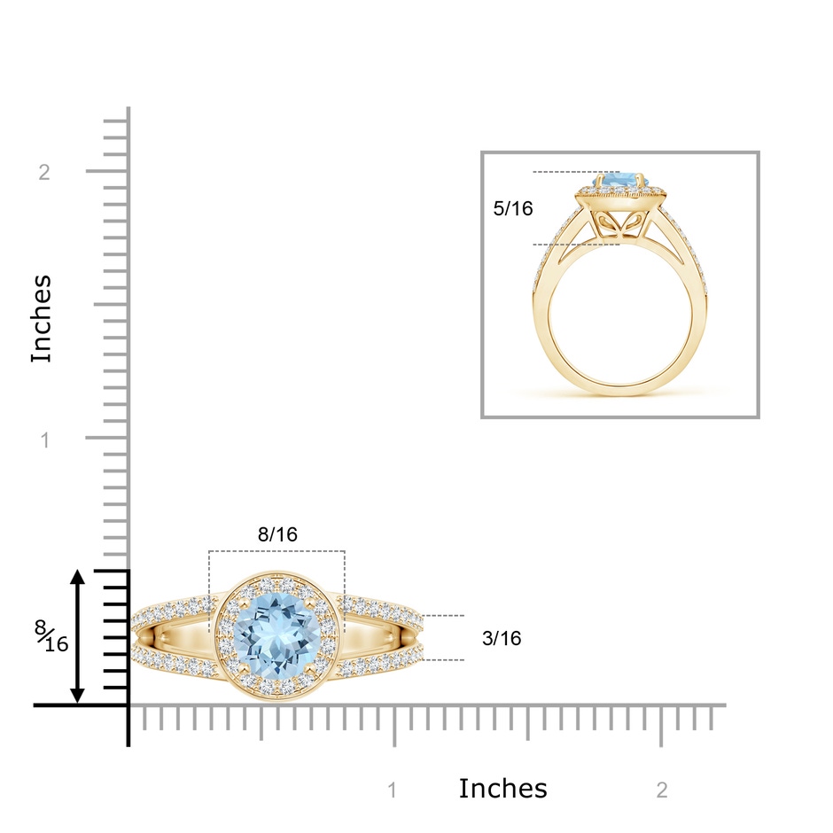 8mm AAA Round Aquamarine Split Shank Ring with Diamond Halo in Yellow Gold ruler