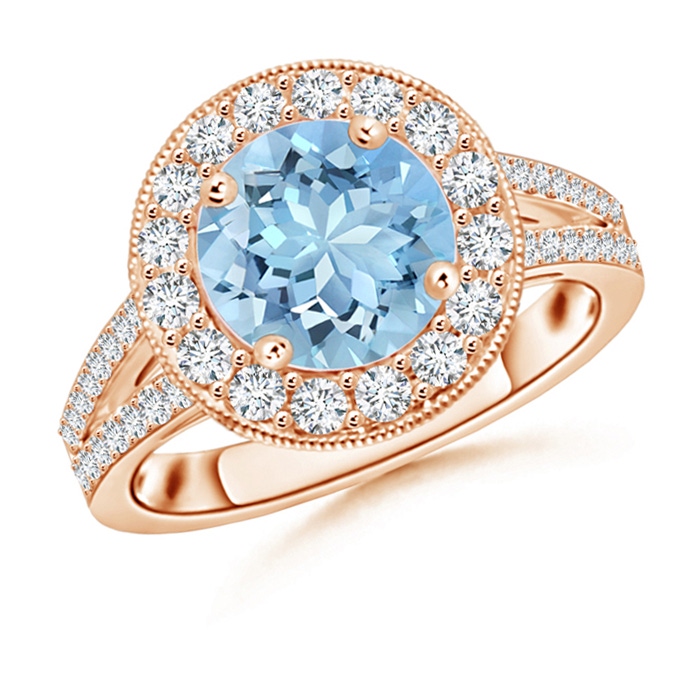 8mm AAAA Round Aquamarine Split Shank Ring with Diamond Halo in Rose Gold 