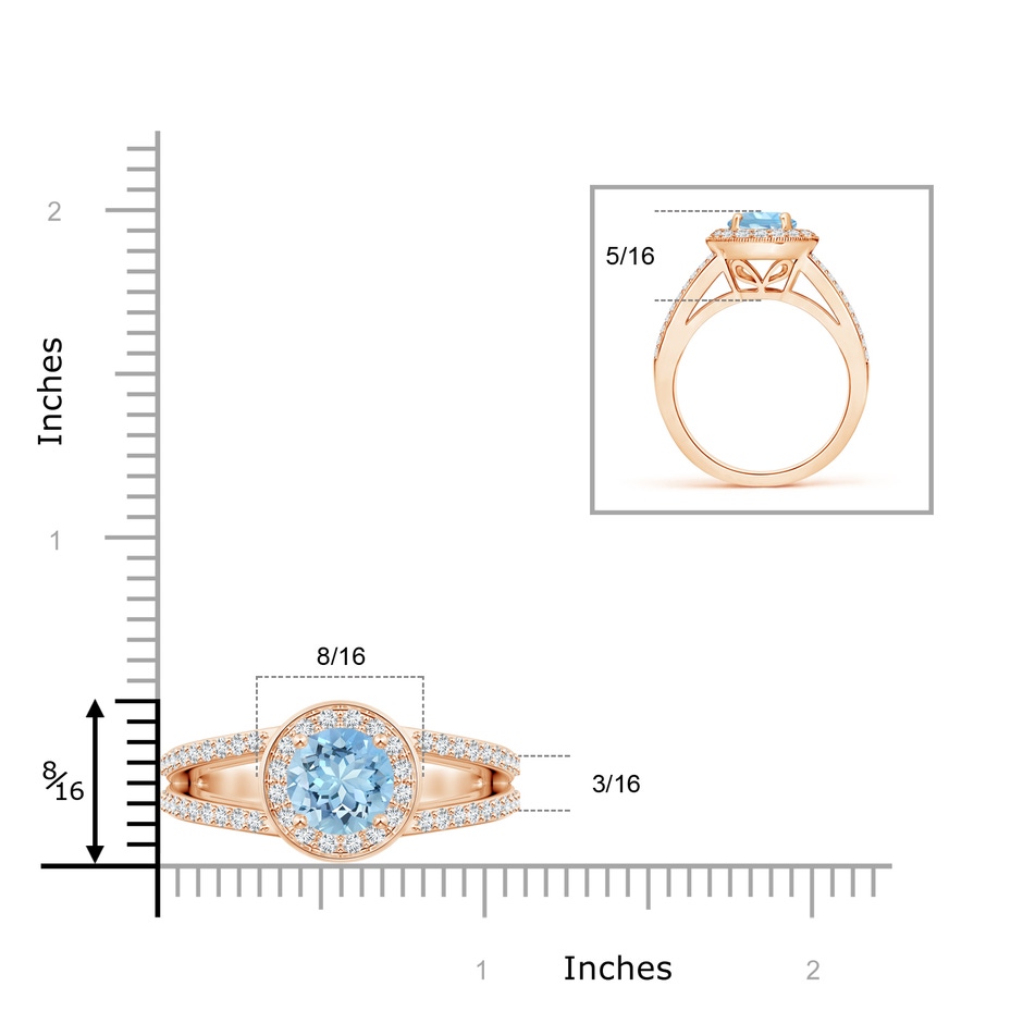 8mm AAAA Round Aquamarine Split Shank Ring with Diamond Halo in Rose Gold ruler