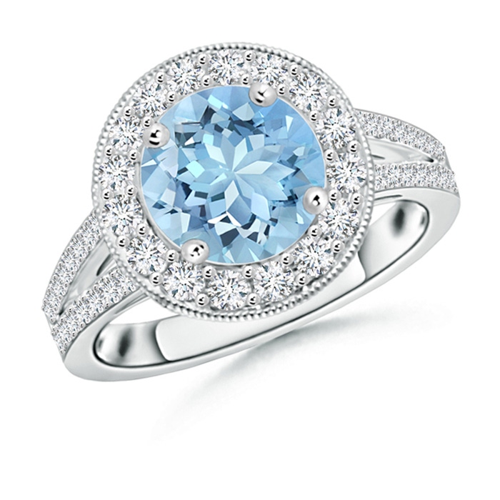 8mm AAAA Round Aquamarine Split Shank Ring with Diamond Halo in White Gold 