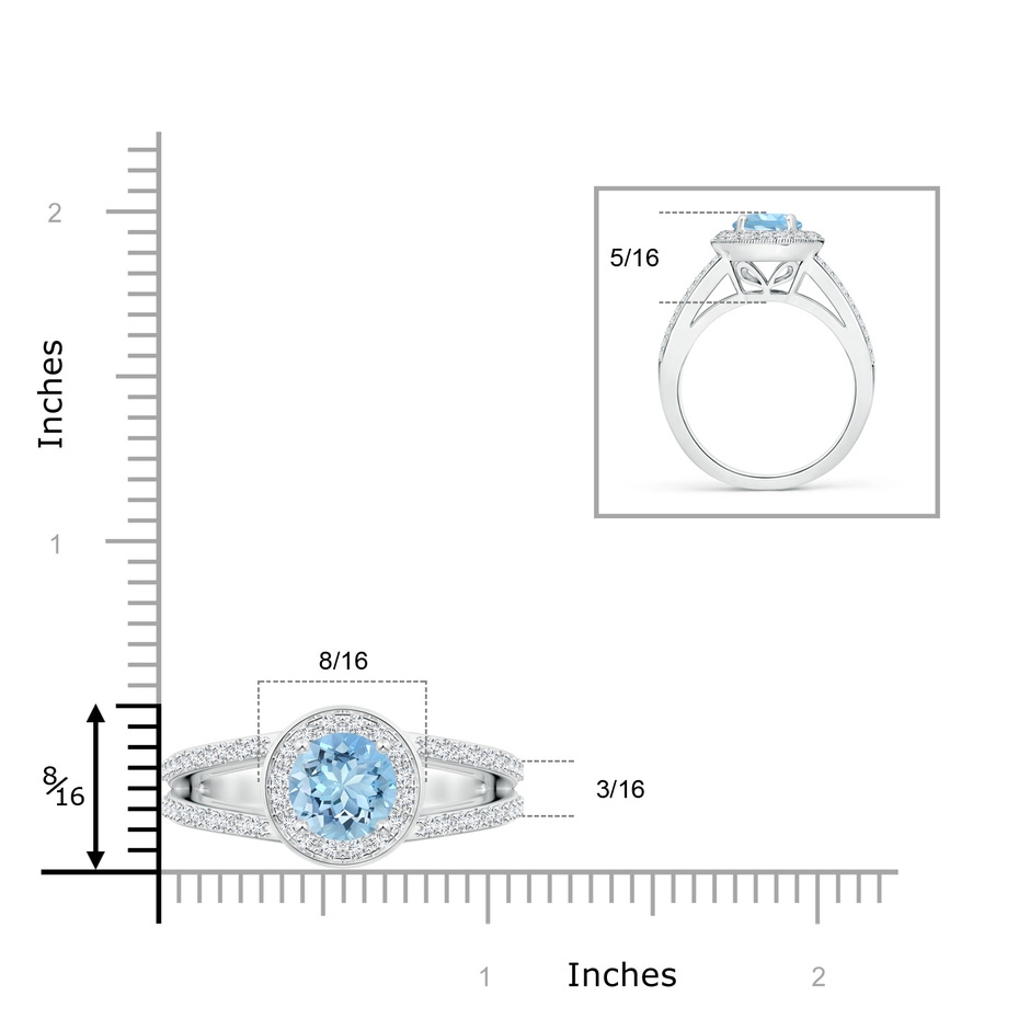8mm AAAA Round Aquamarine Split Shank Ring with Diamond Halo in White Gold ruler