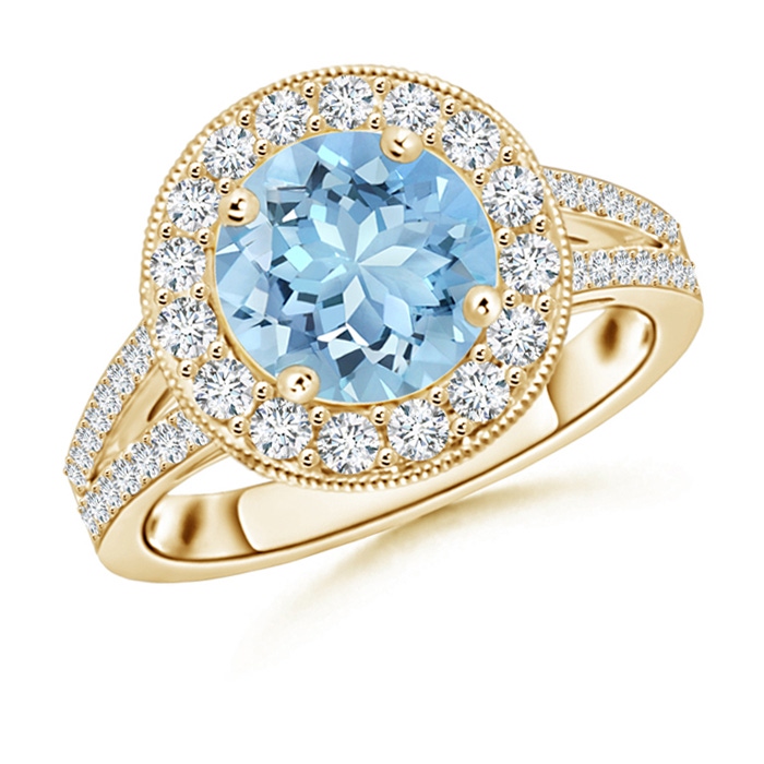 8mm AAAA Round Aquamarine Split Shank Ring with Diamond Halo in Yellow Gold 