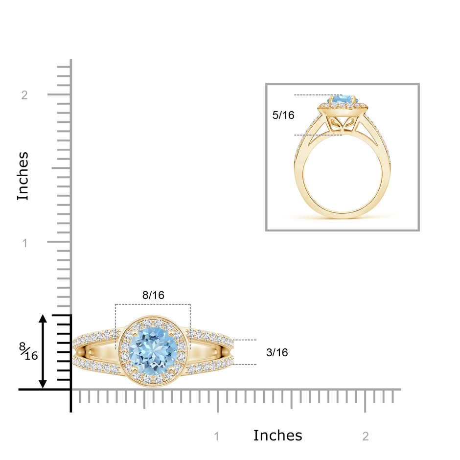 8mm AAAA Round Aquamarine Split Shank Ring with Diamond Halo in Yellow Gold ruler