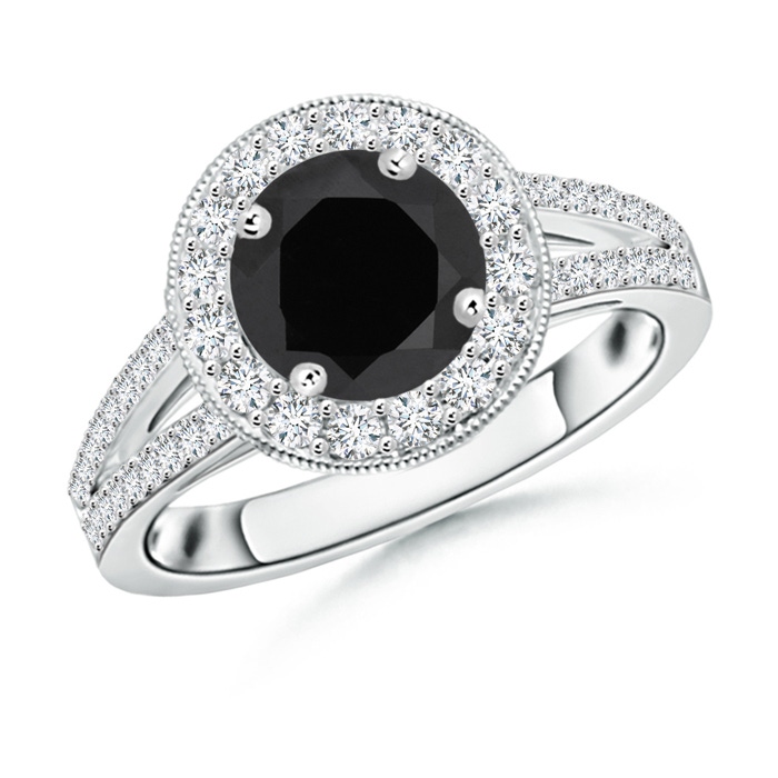 7mm AAA Round Black Onyx Split Shank Ring with Diamond Halo in White Gold 