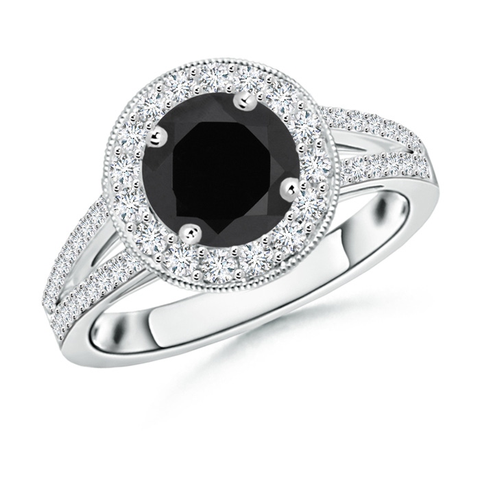 7mm AAA Round Black Onyx Split Shank Ring with Diamond Halo in White Gold