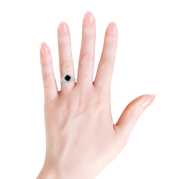7mm AAA Round Black Onyx Split Shank Ring with Diamond Halo in White Gold Product Image