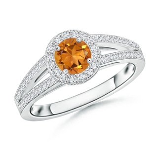 5mm AAA Round Citrine Split Shank Ring with Diamond Halo in White Gold