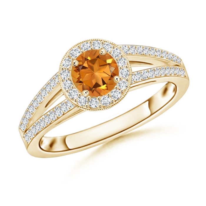 5mm AAA Round Citrine Split Shank Ring with Diamond Halo in Yellow Gold